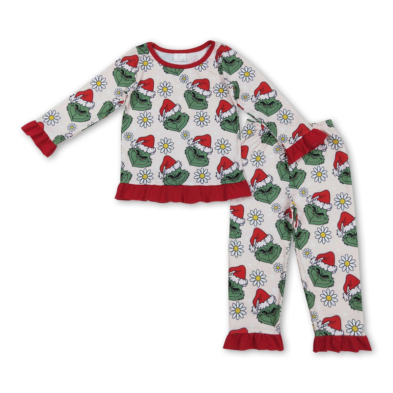 Long sleeves ruffle floral green face girls Christmas pajamas - BIG FRENCHIES