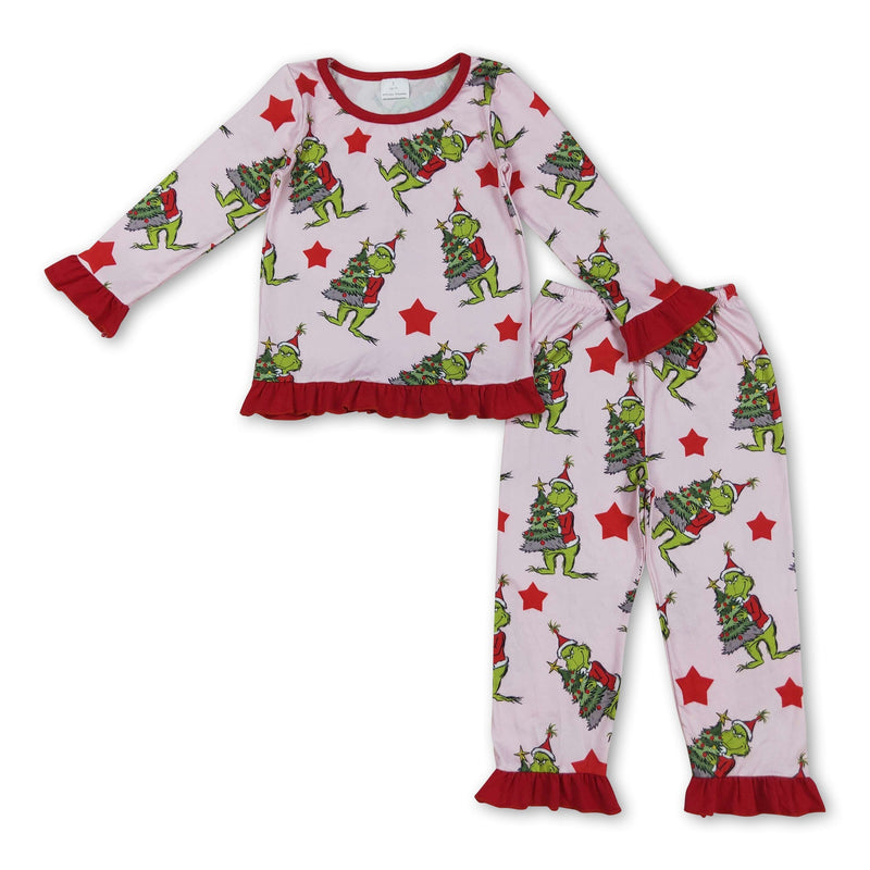 Long sleeves ruffle stars green face girls Christmas pajamas - BIG FRENCHIES