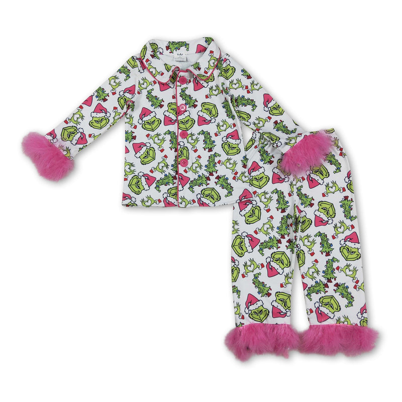 Pink fur green face girls Christmas button down pajamas - BIG FRENCHIES
