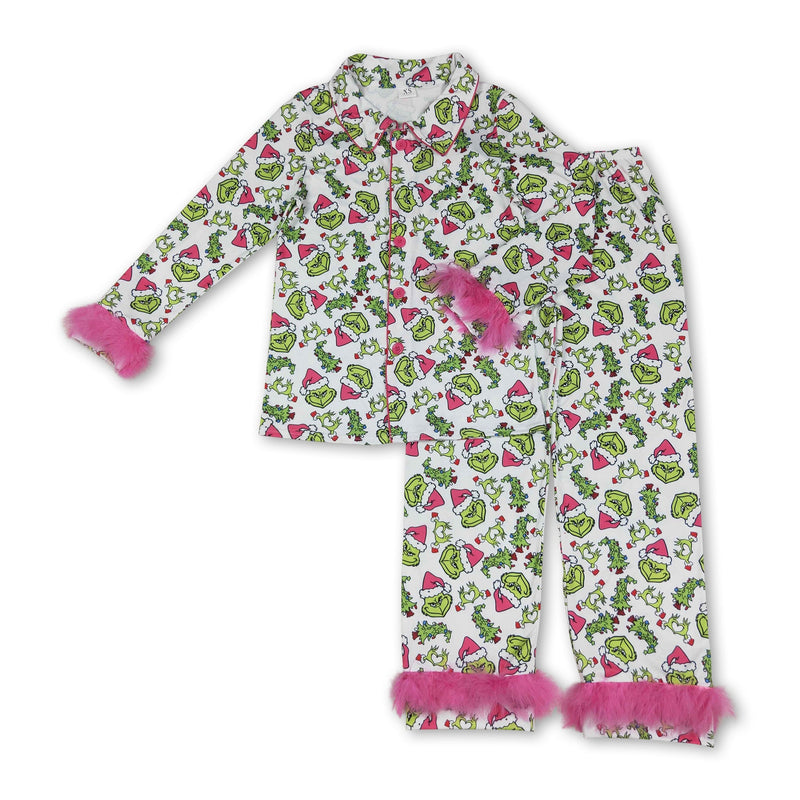 Pink fur green face adult women Christmas button down pajamas - BIG FRENCHIES