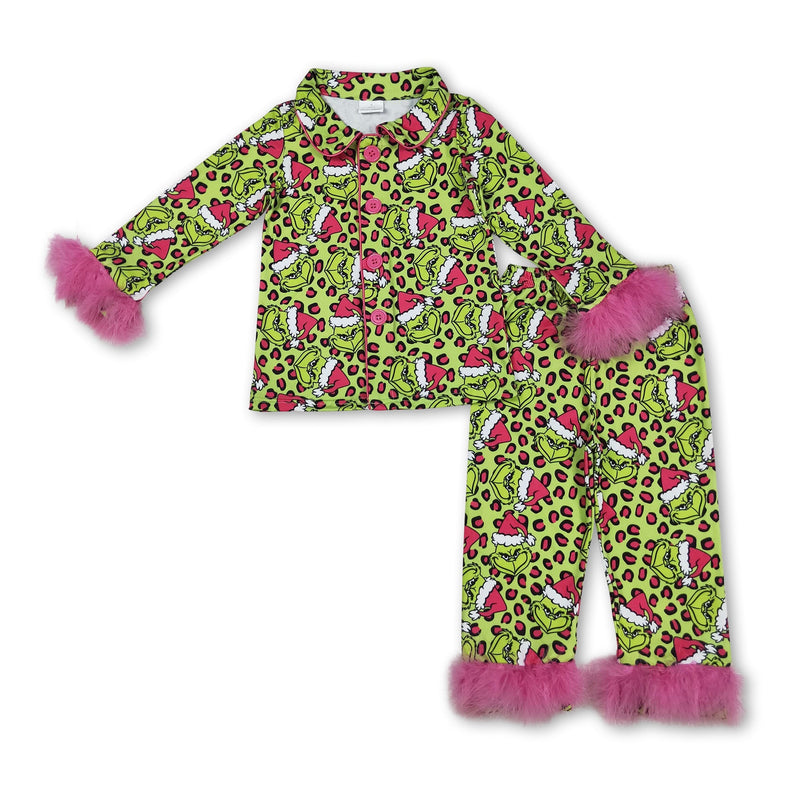 Leopard green face fur girls Christmas button down pajamas - BIG FRENCHIES