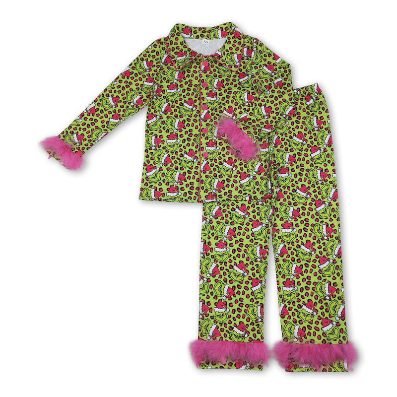 Leopard green face fur adult women Christmas button down pajamas - BIG FRENCHIES