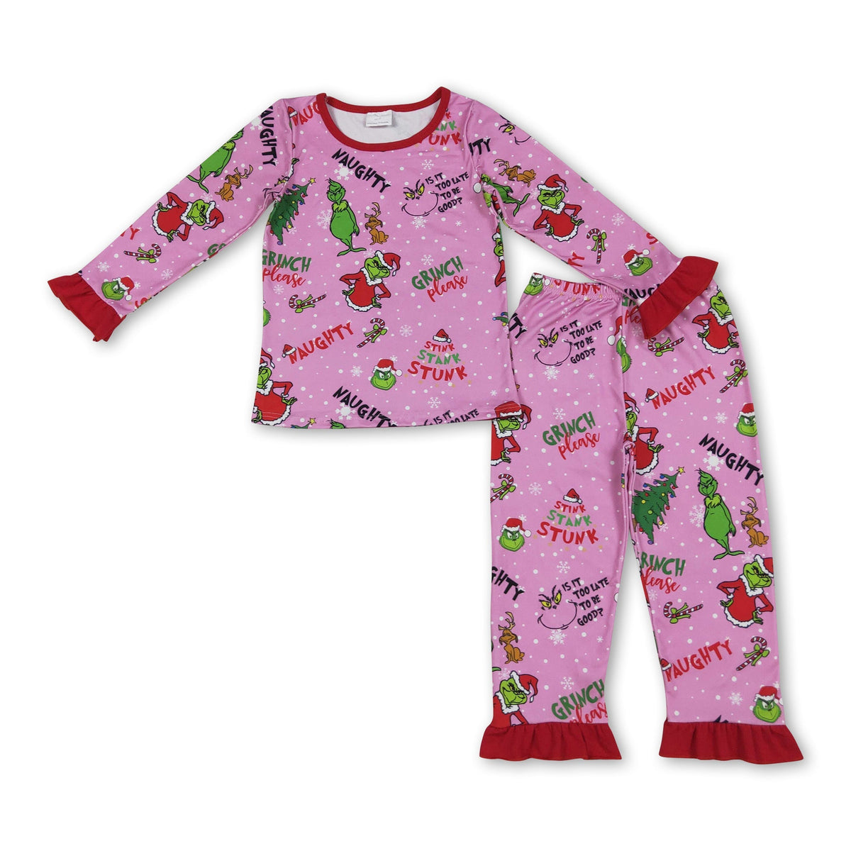 Green face Christmas tree ruffle kids girls pajamas - BIG FRENCHIES