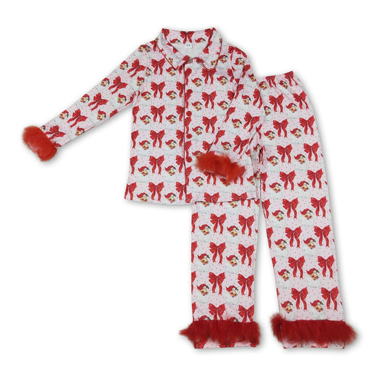 Santa bow fur adult women Christmas button down pajamas - BIG FRENCHIES