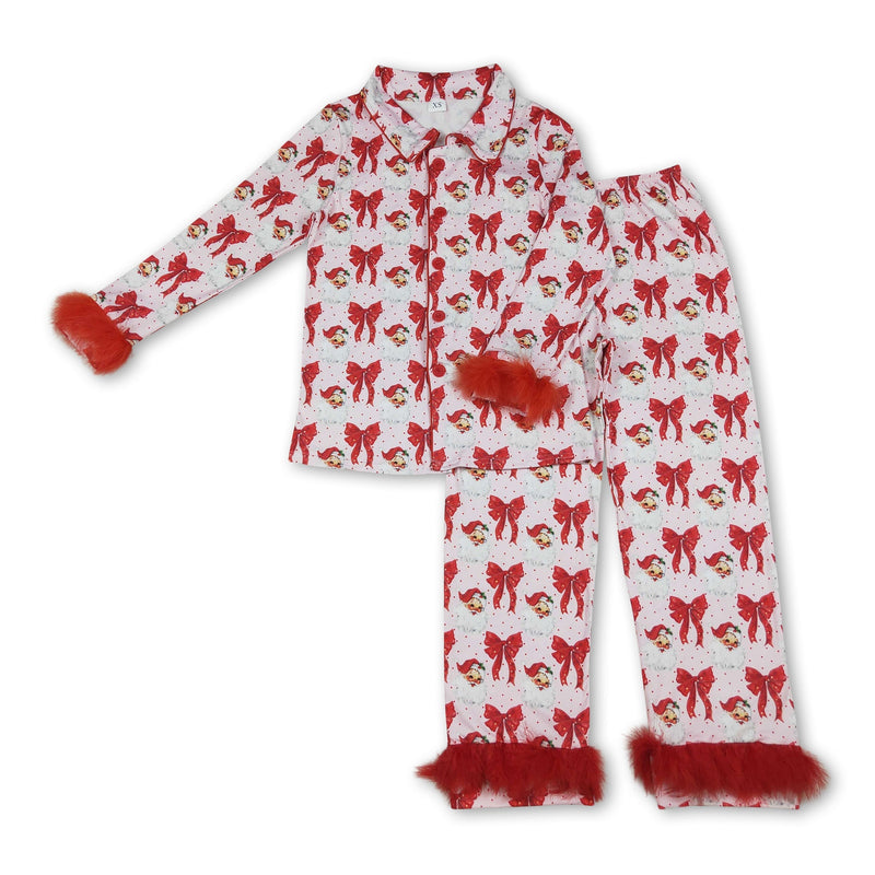 Santa bow fur adult women Christmas button down pajamas - BIG FRENCHIES