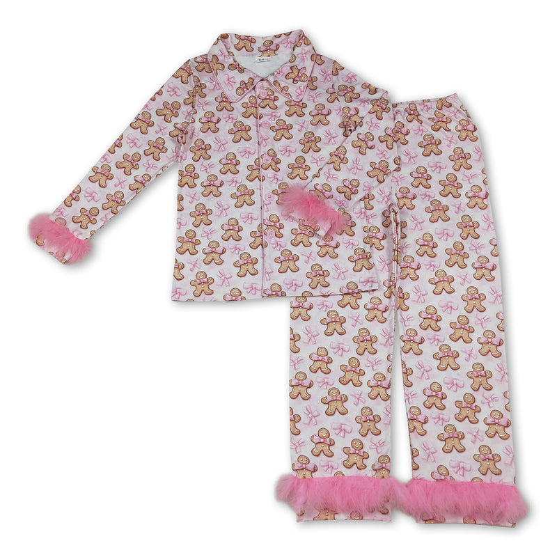Gingerbread bow fur adult women Christmas button down pajamas - BIG FRENCHIES