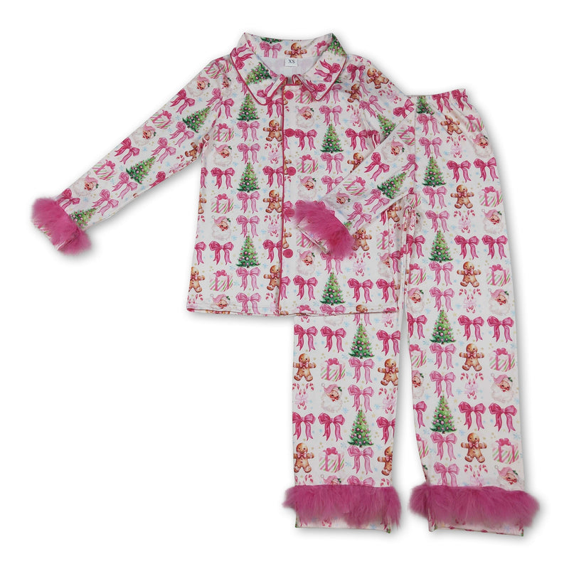 Candy cane bow fur women Christmas button down pajamas - BIG FRENCHIES