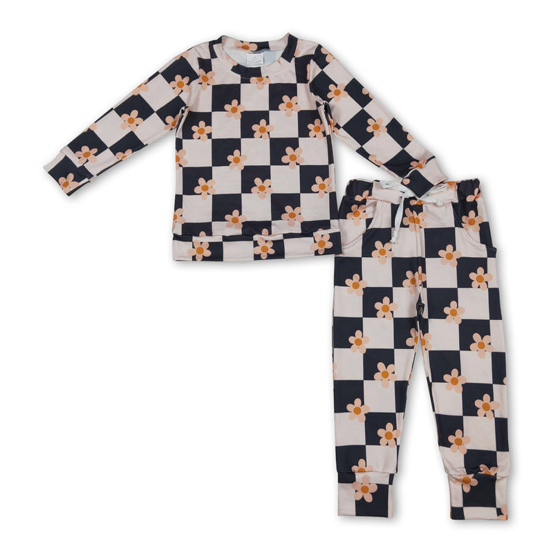 Long sleeves black plaid floral top pants girls pajamas - BIG FRENCHIES