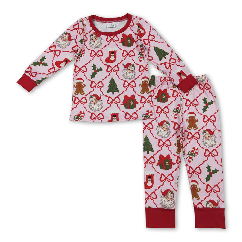 Pink santa gingerbread bow kids girls Christmas pajamas - BIG FRENCHIES