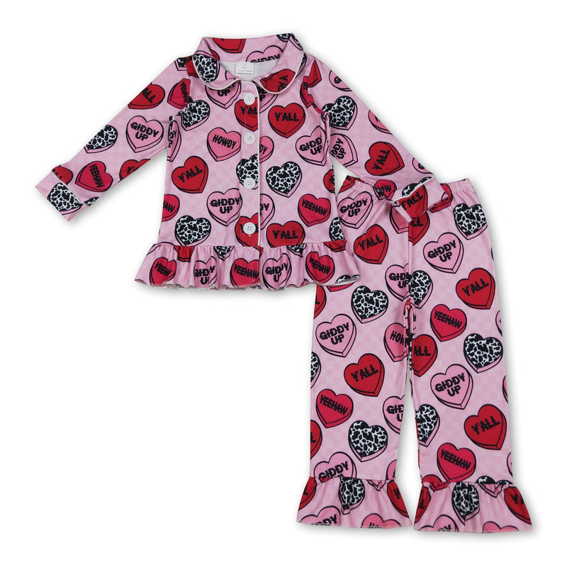 Cow heart kids girls valentine's button down pajamas - BIG FRENCHIES
