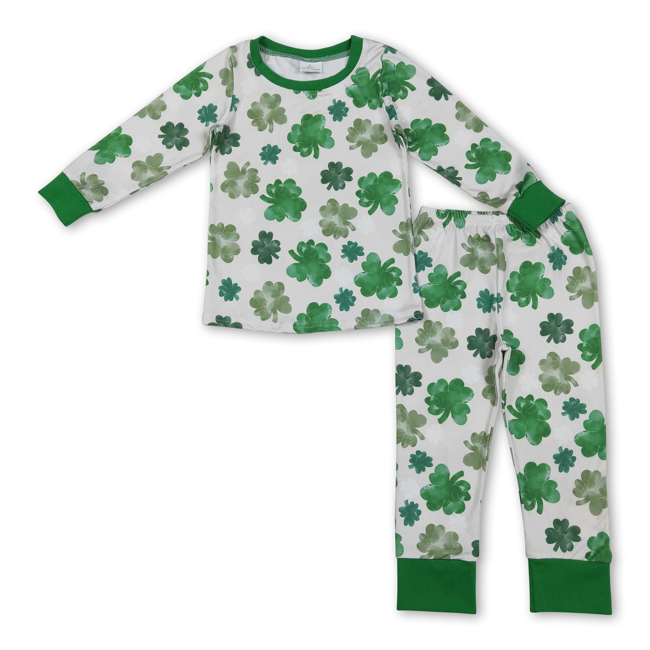 Long sleeves green clover top pants girls St Patrick's pajamas