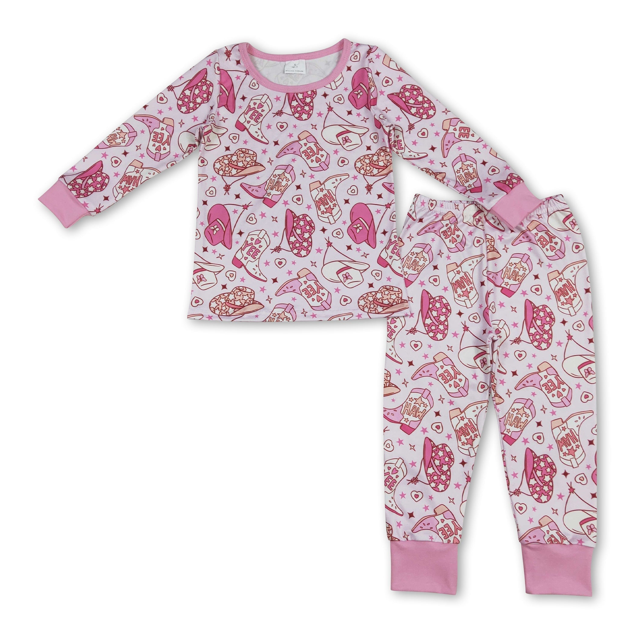 Pink boots heart bow kids girls western Valentine's pajamas
