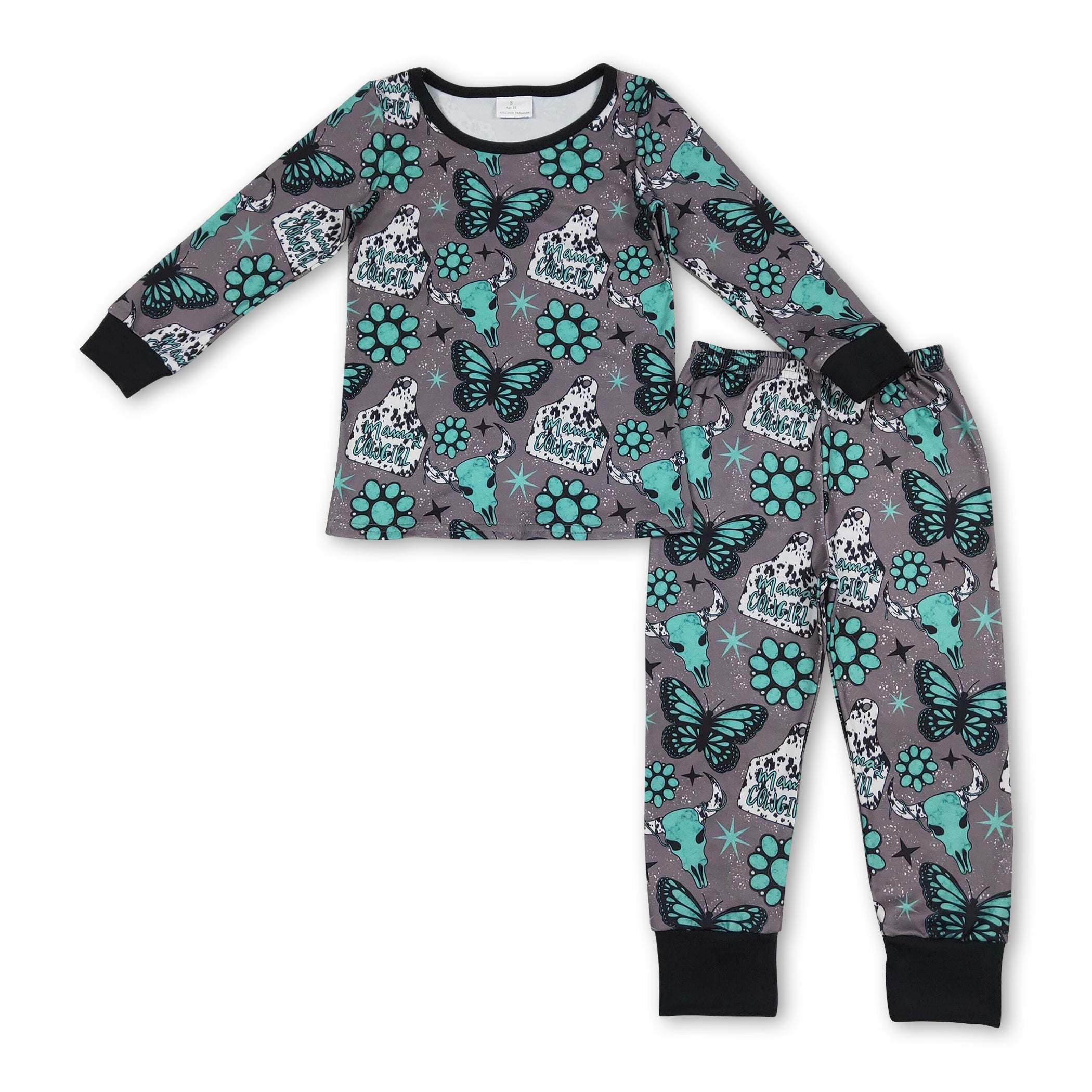 Long sleeves turquoise butterfly western girls pajamas