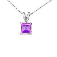 14K White Gold 5x5 MM Square Shaped Purple Amethyst Solitaire Pendant Necklace