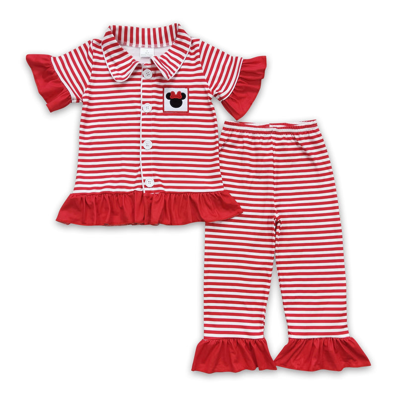Mouse embroidery stripe kids girls pajamas - BIG FRENCHIES