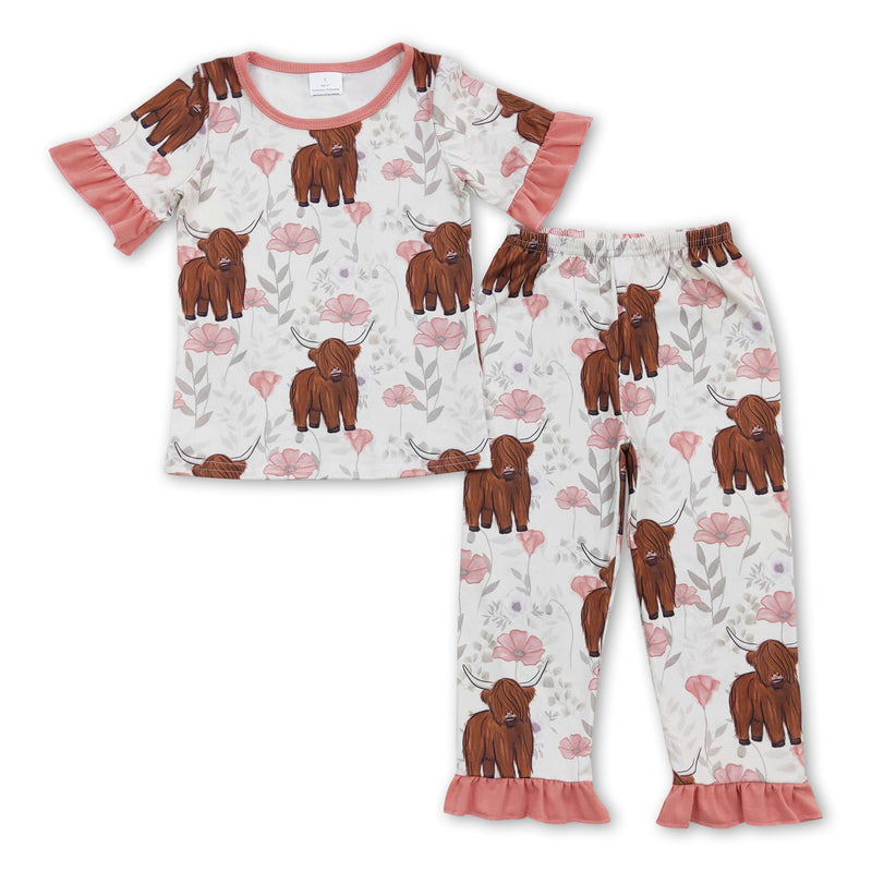 Short sleeves highland cow floral girls pajamas - BIG FRENCHIES