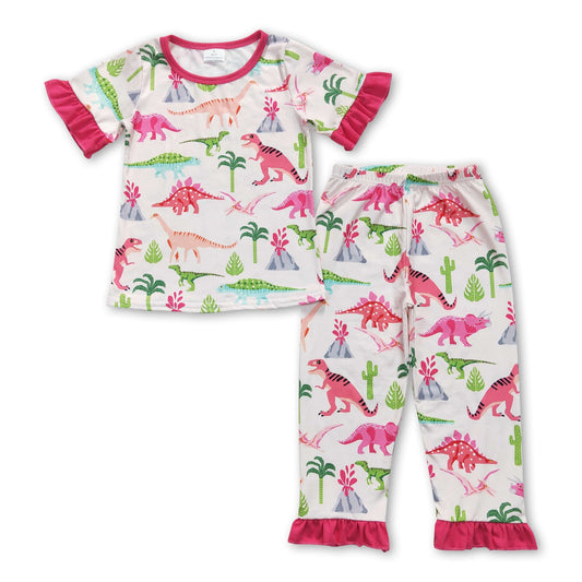 Hot pink short sleeves dinosaur cactus girls pajamas - BIG FRENCHIES
