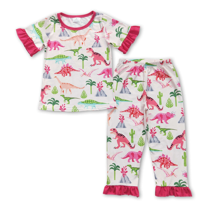Hot pink short sleeves dinosaur cactus girls pajamas - BIG FRENCHIES