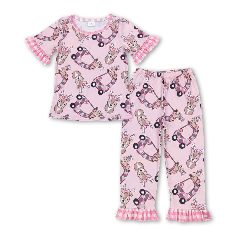 Pink short sleeves deer camo top pants girls pajamas - BIG FRENCHIES