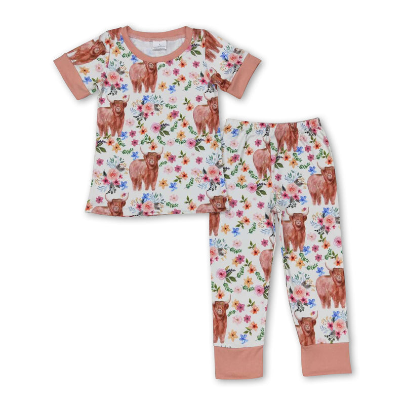 Khaki highland cow floral kids girls pajamas - BIG FRENCHIES