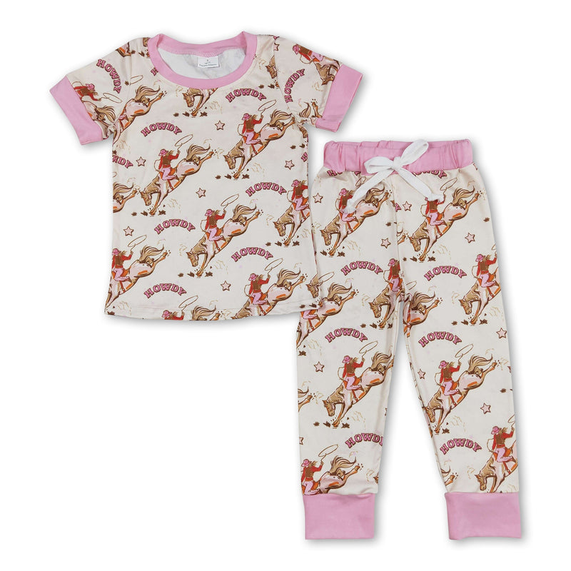Pink short sleeves horse rodeo howdy girls pajamas - BIG FRENCHIES