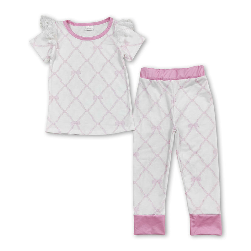 Short sleeves pink bow top pants girls pajamas - BIG FRENCHIES