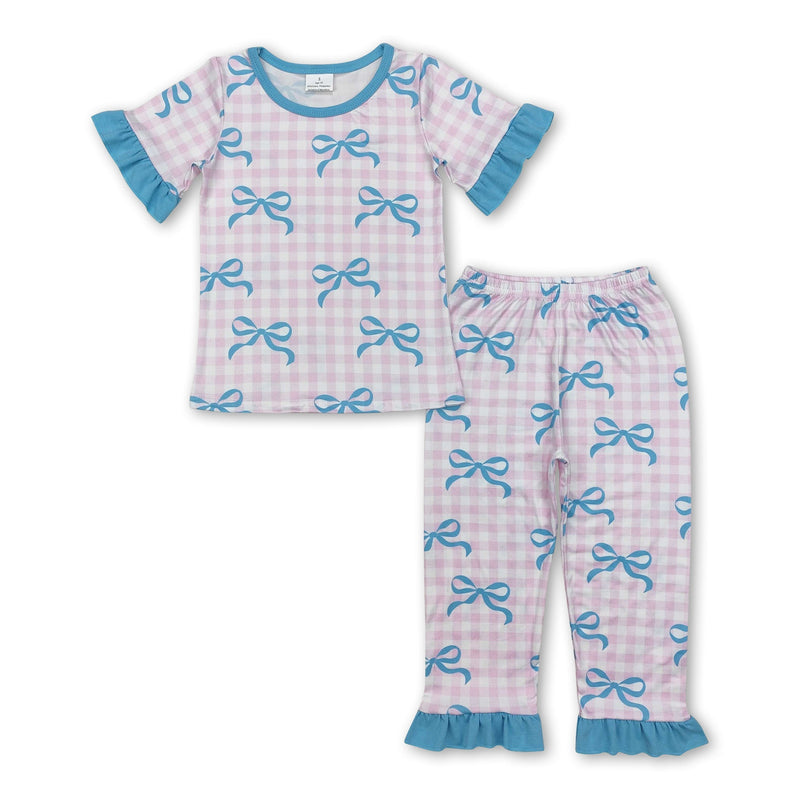 Short sleeves pink plaid bow baby girls pajamas - BIG FRENCHIES