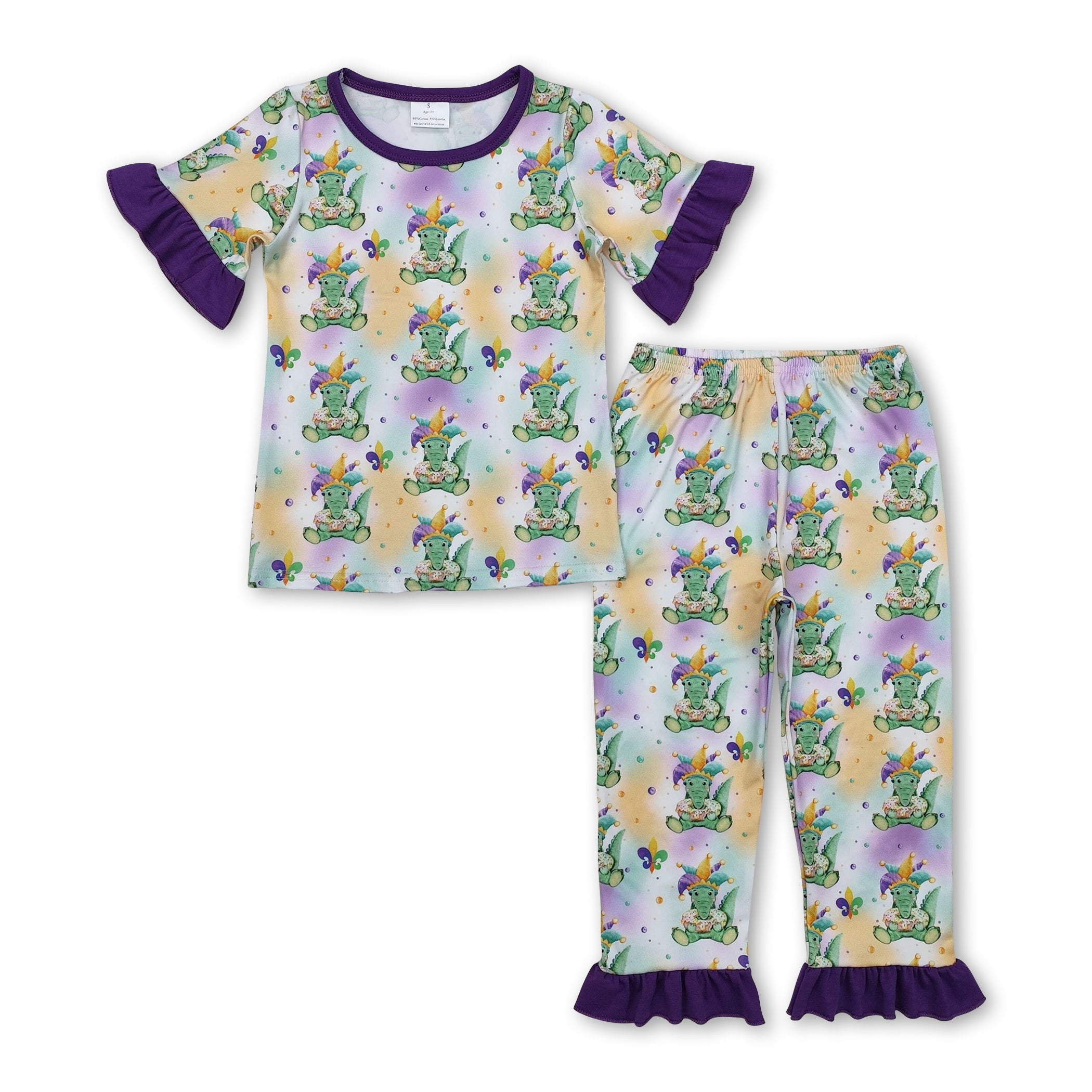 Purple short sleeves alligator kids girls Mardi Gras pajamas - BIG FRENCHIES