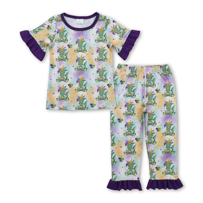 Purple short sleeves alligator kids girls Mardi Gras pajamas - BIG FRENCHIES