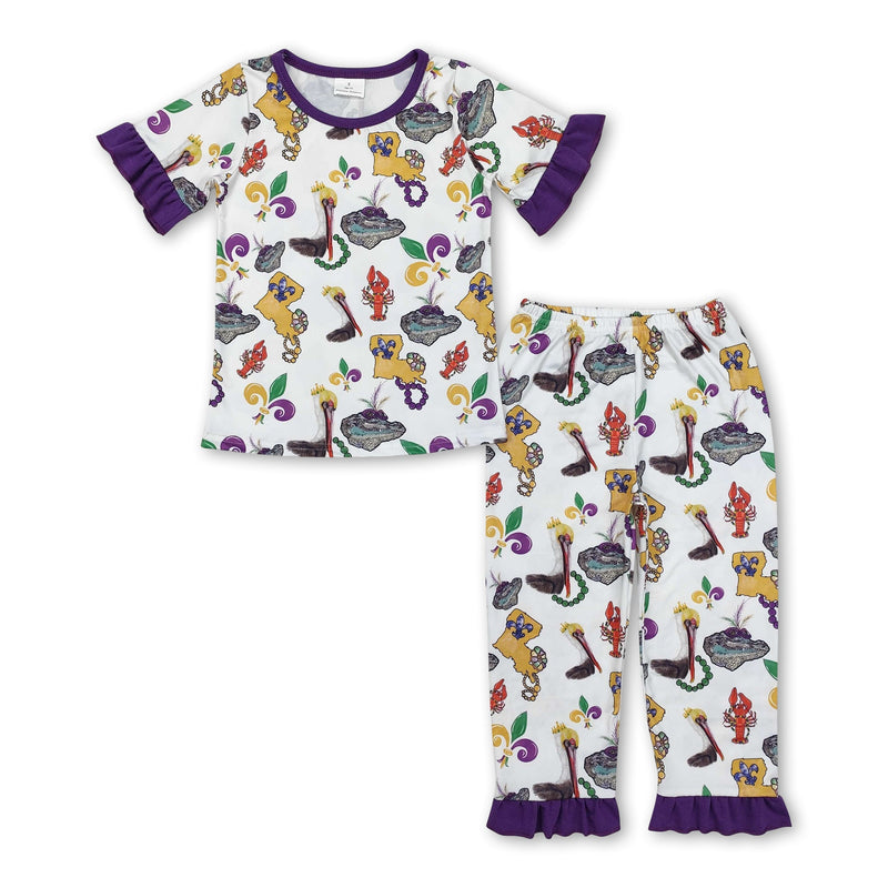 Short sleeves pelican crawfish baby girls Mardi Gras pajamas - BIG FRENCHIES