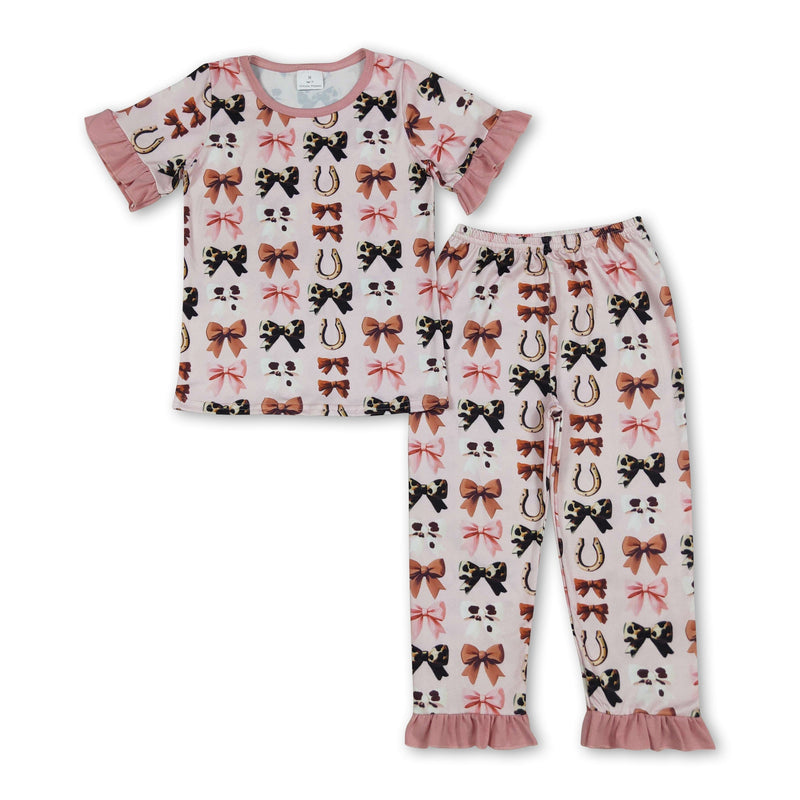 Pink ruffle cow print bow top pants western girls pajamas - BIG FRENCHIES