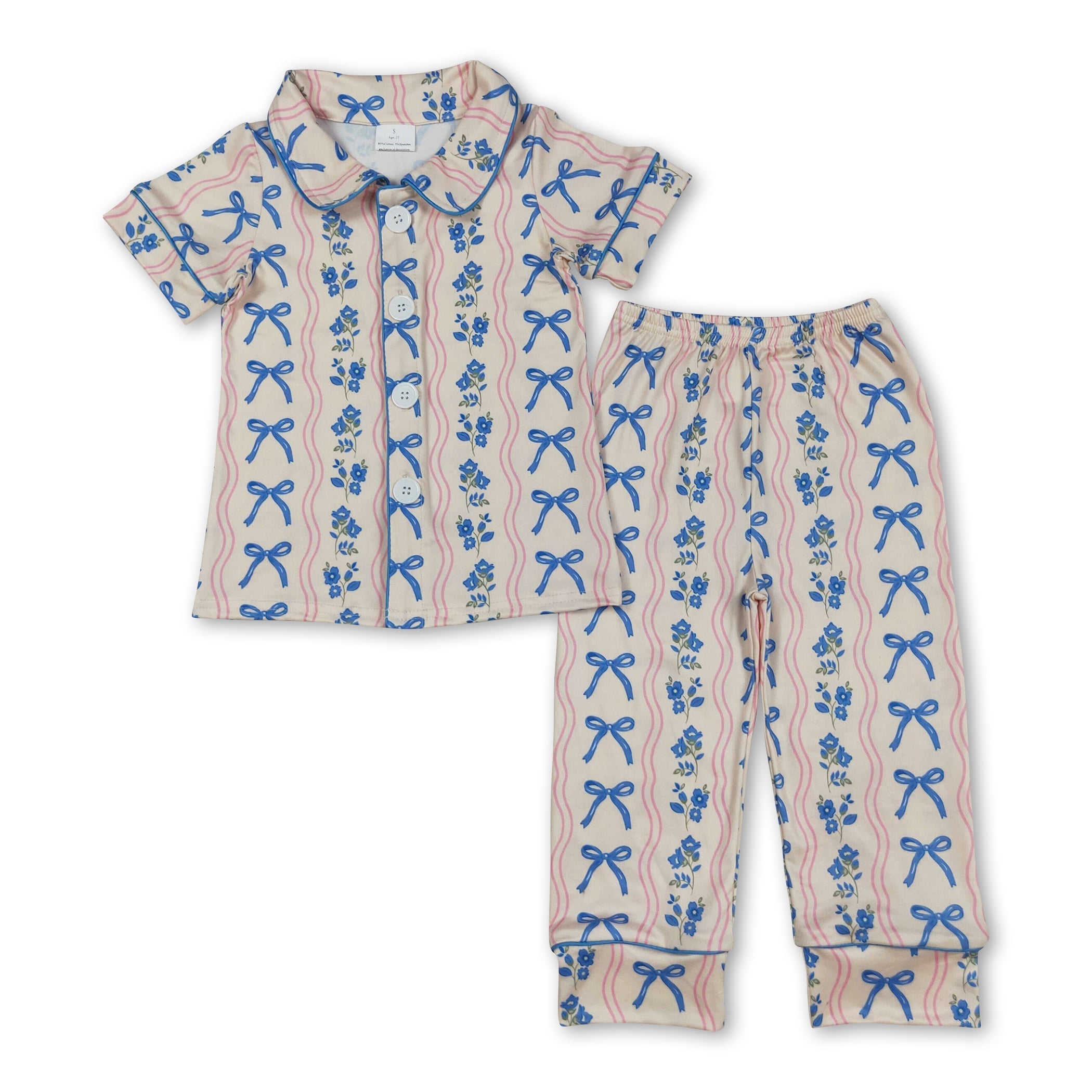 Short sleeves blue bow floral kids girls button down pajamas - BIG FRENCHIES