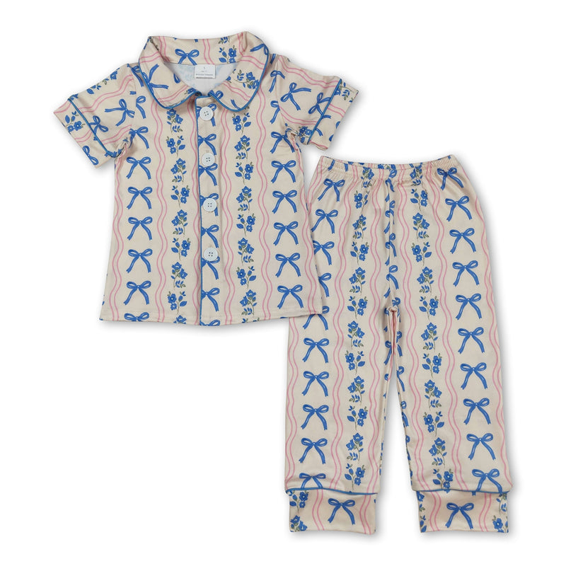 Short sleeves blue bow floral kids girls button down pajamas - BIG FRENCHIES