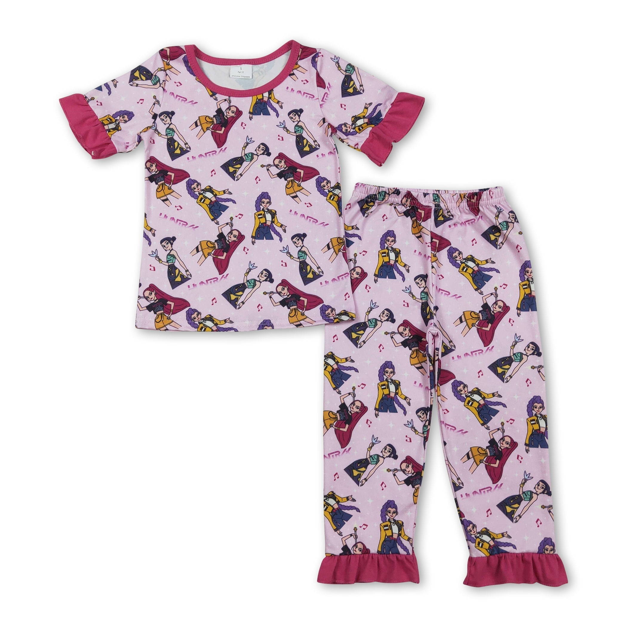Ruffle short sleeves top pants music girls pajamas