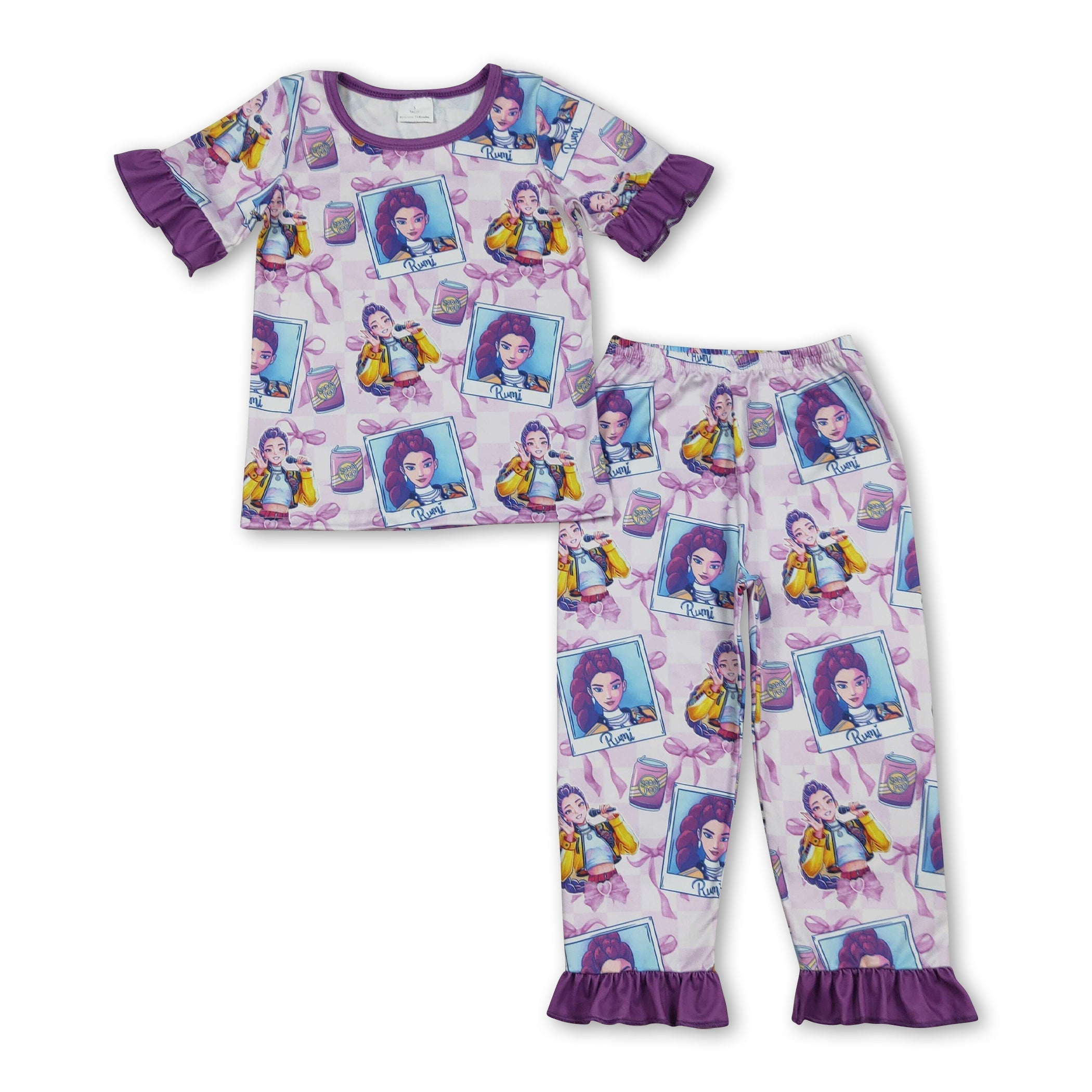 Short sleeves ruffle bow music top pants girls pajamas set