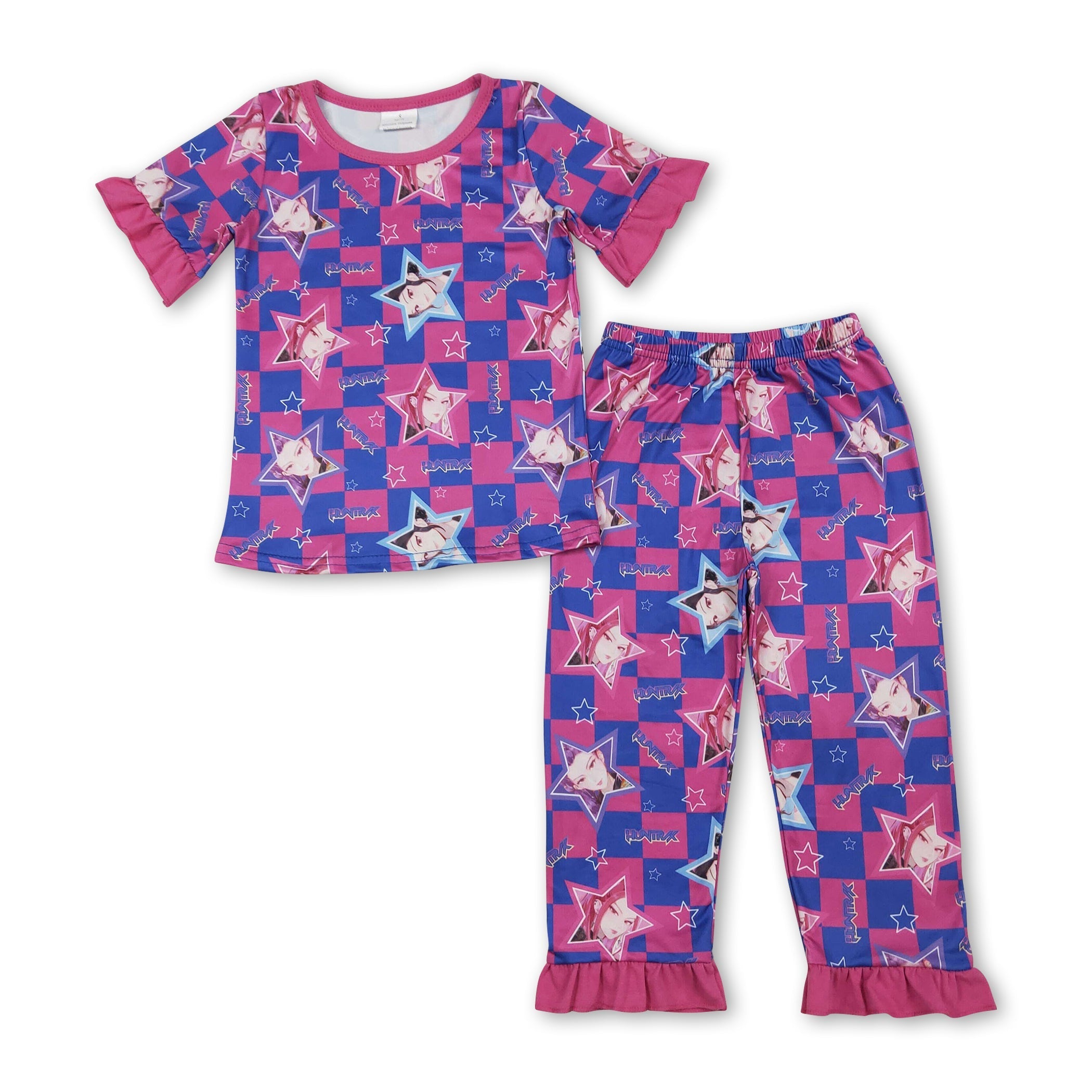 Short sleeves stars plaid music kids girls pajamas