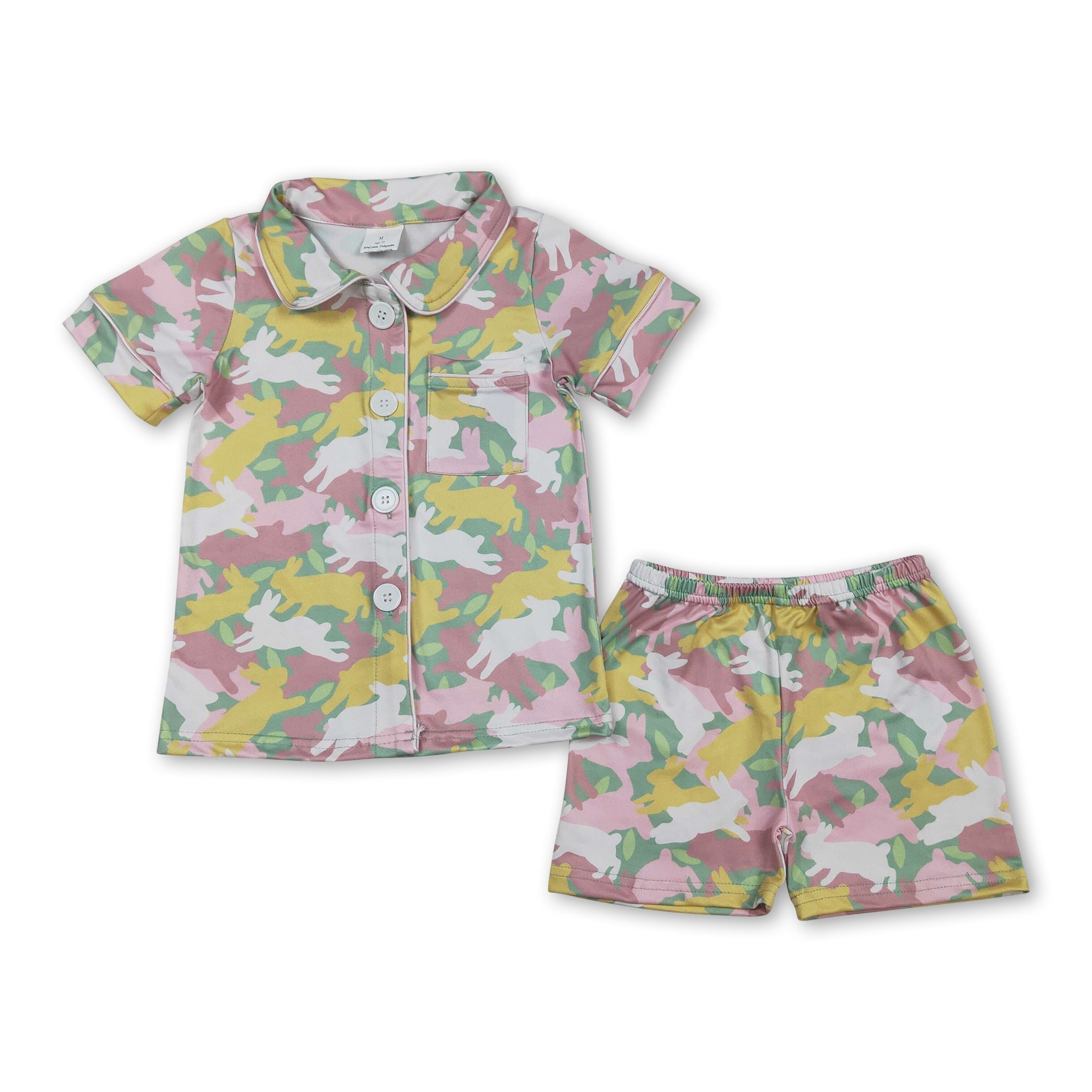 Short sleeves rabbit camo kids girls Easter button down pajamas