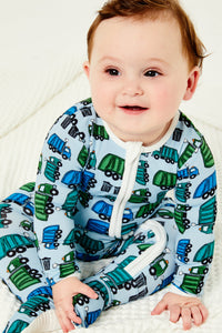 Soft & Stretchy Zipper Footie - Garbage Trucks