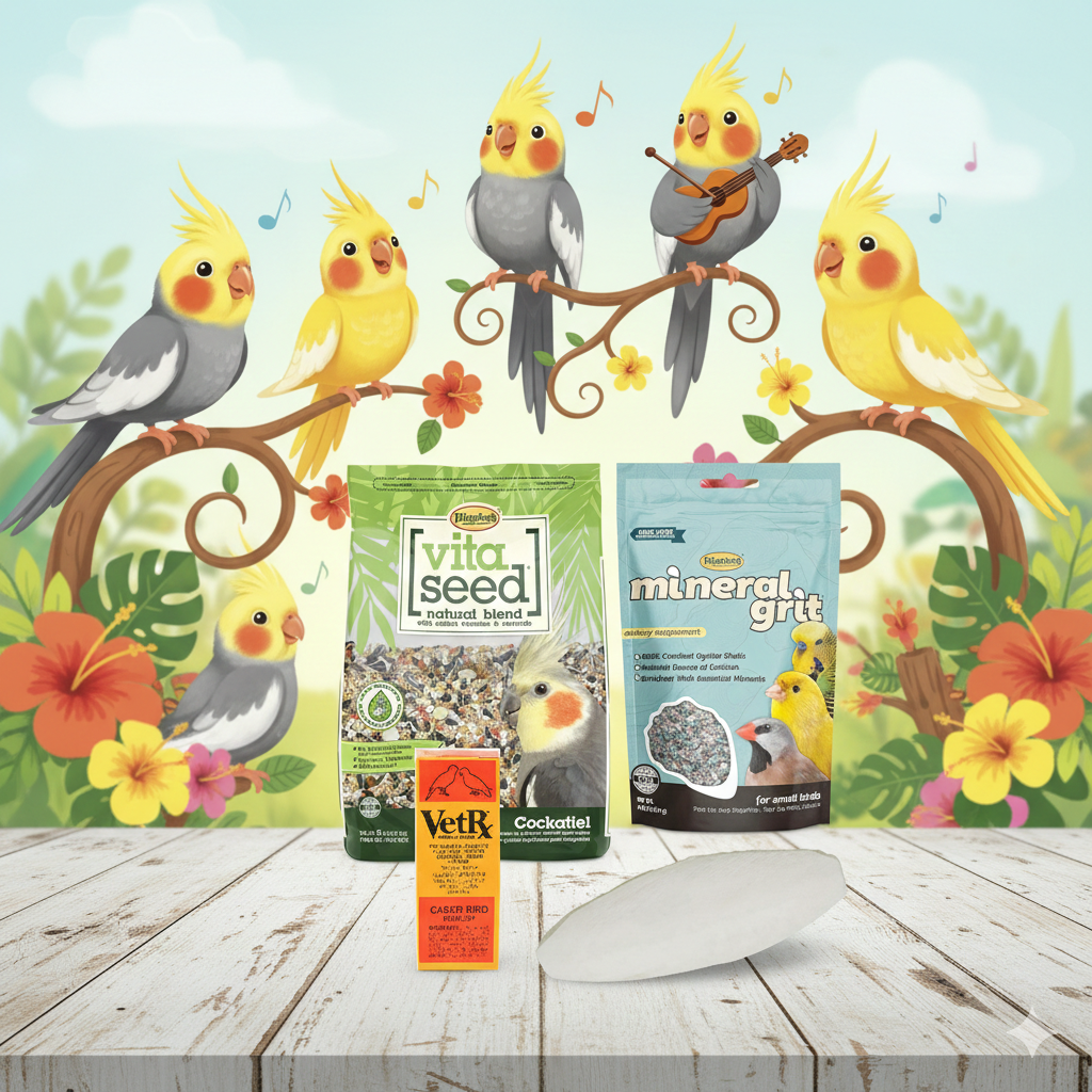 Caged Bird Care Bundle 6” Cuttlebone, Mineral Grit, VetRx & Vita Seed Cockatiel Food