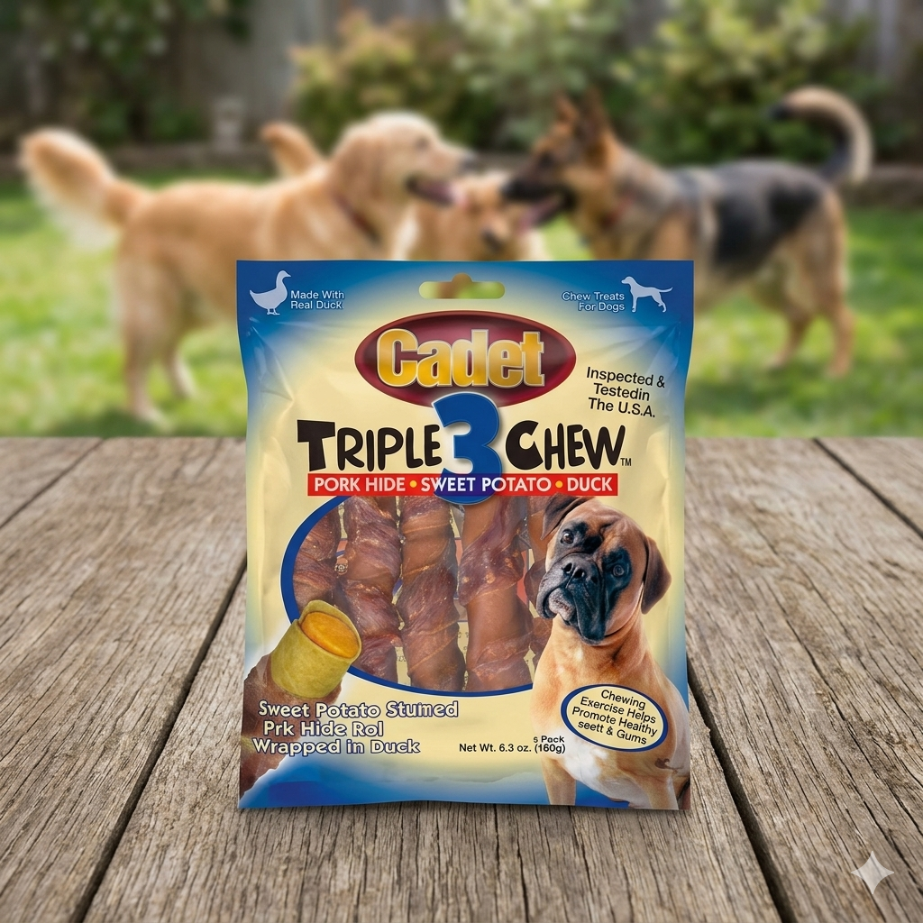 Cadet Triple Chew Duck & Sweet Potato Stuffed Pork Hide Rolls Dog Treats 6 Pack