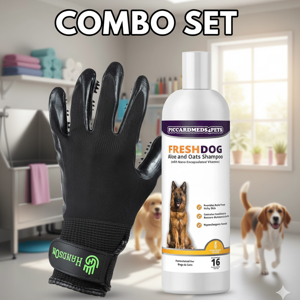 Piccardmeds4pets Aloe Oats Dog Shampoo 16oz + HandsOn Grooming Gloves Small Complete Kit