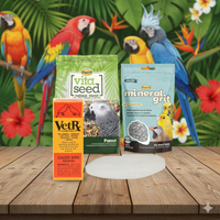 Parrot Care Bundle 10” Cuttlebone, Mineral Grit, VetRx & Vita Seed Parrot Food Large Birds