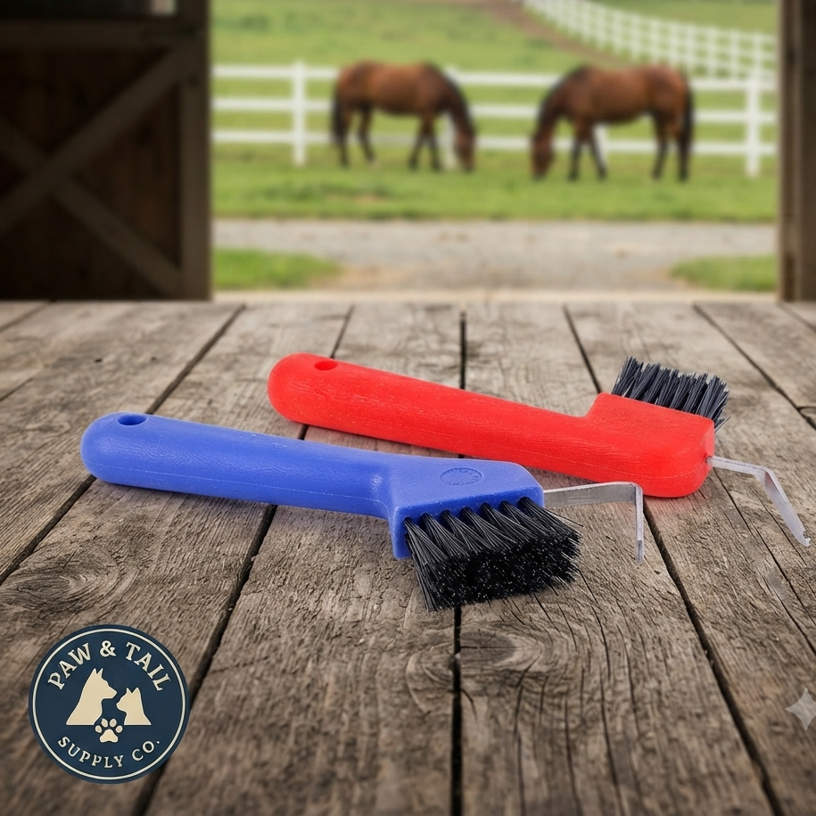 Rubber Horse Hoof Pick & Stiff Brush Grooming Tool Red or Blue