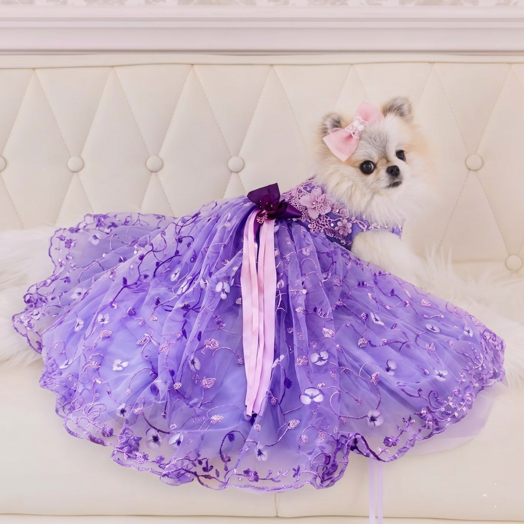 Luxury Purple Princess Dog Dress Floral Lace Tulle Wedding Gown for Small Dogs