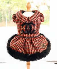 Pet Dress Classic Red Tweed  with Faux Fur Hem & Sequin Detail - Party Outfit