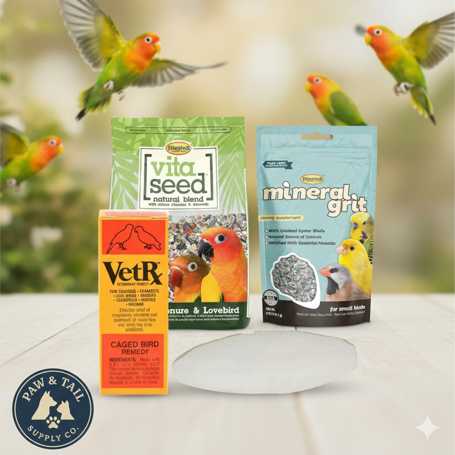 Lovebird Care Bundle 6” Cuttlebone, Mineral Grit, VetRx & Lovebird Food Small Birds