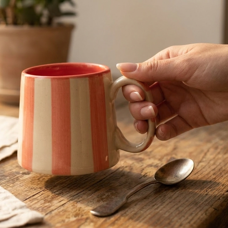 Pink Stripe Coffee Cup | Handpainted Stoneware Mug | 220ml (Set of 2)
