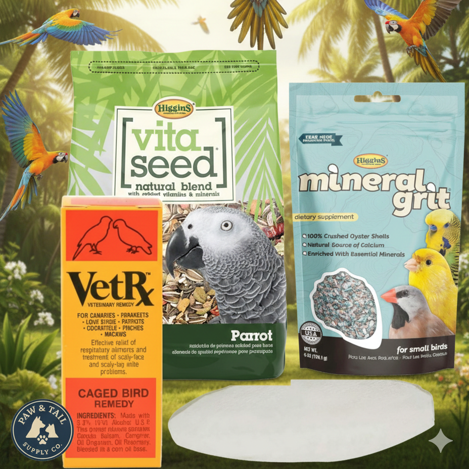 Parrot Care Bundle 10” Cuttlebone, Mineral Grit, VetRx & Vita Seed Parrot Food Large Birds