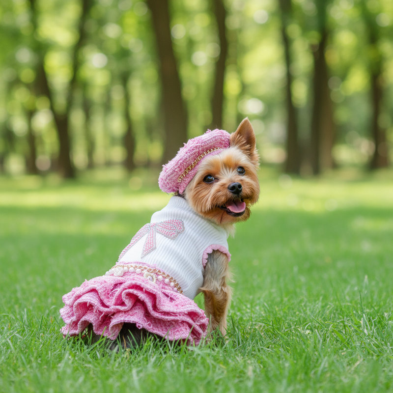 Handmade Chic Puppy Suit Pink Tweed Skirt Outfit-Pet Apparel-BIG FRENCHIES-Jane's Pet Boutique