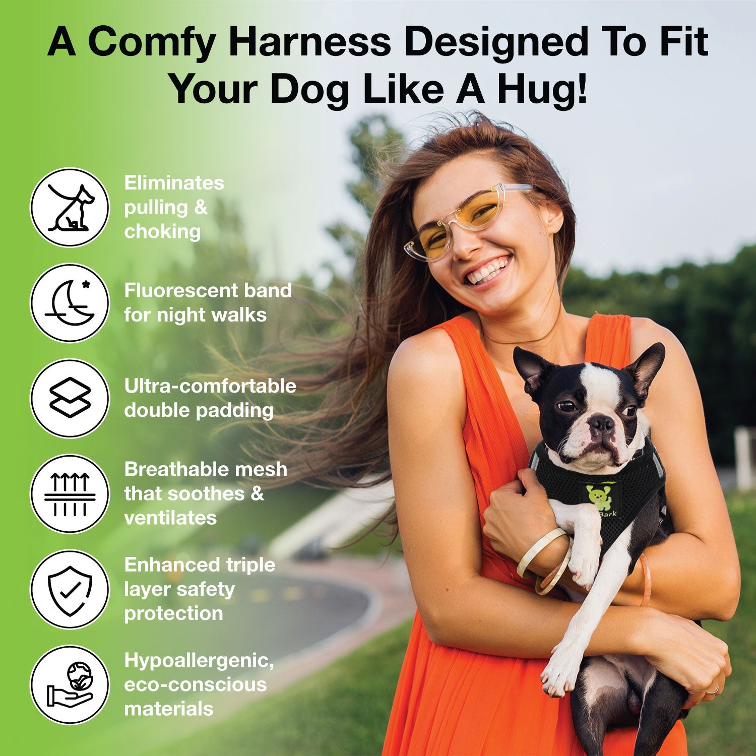 EcoBark Black Step In Dog Harness - Reflective Soft Mesh Harness for Teacup, Small Dogs and Puppies - BIG FRENCHIES